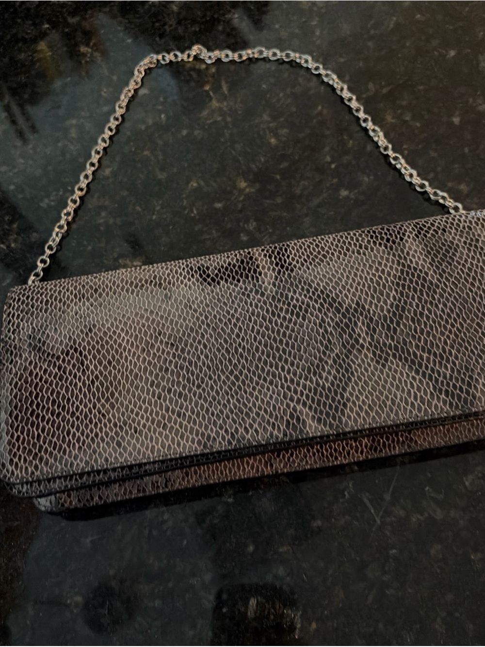 Ann Taylor Metallic Gray Snakeskin Silver Chain Clutch quiet luxury